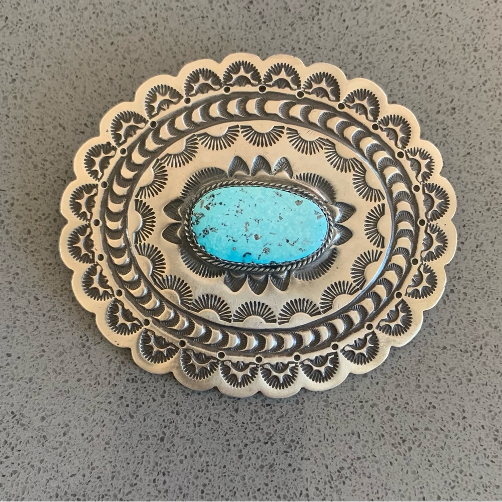 Incredible Navajo Silver and Sleeping Beauty Pin. Stamped- 3 1/4" x 2 3/4"